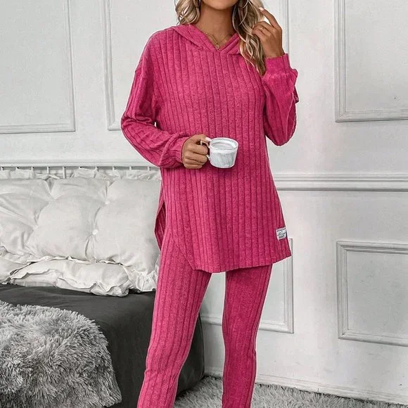 Hot Pink Casual Womens Drop Shoulder Split Hem Hoodie & Leggings - Picture 2 of 5